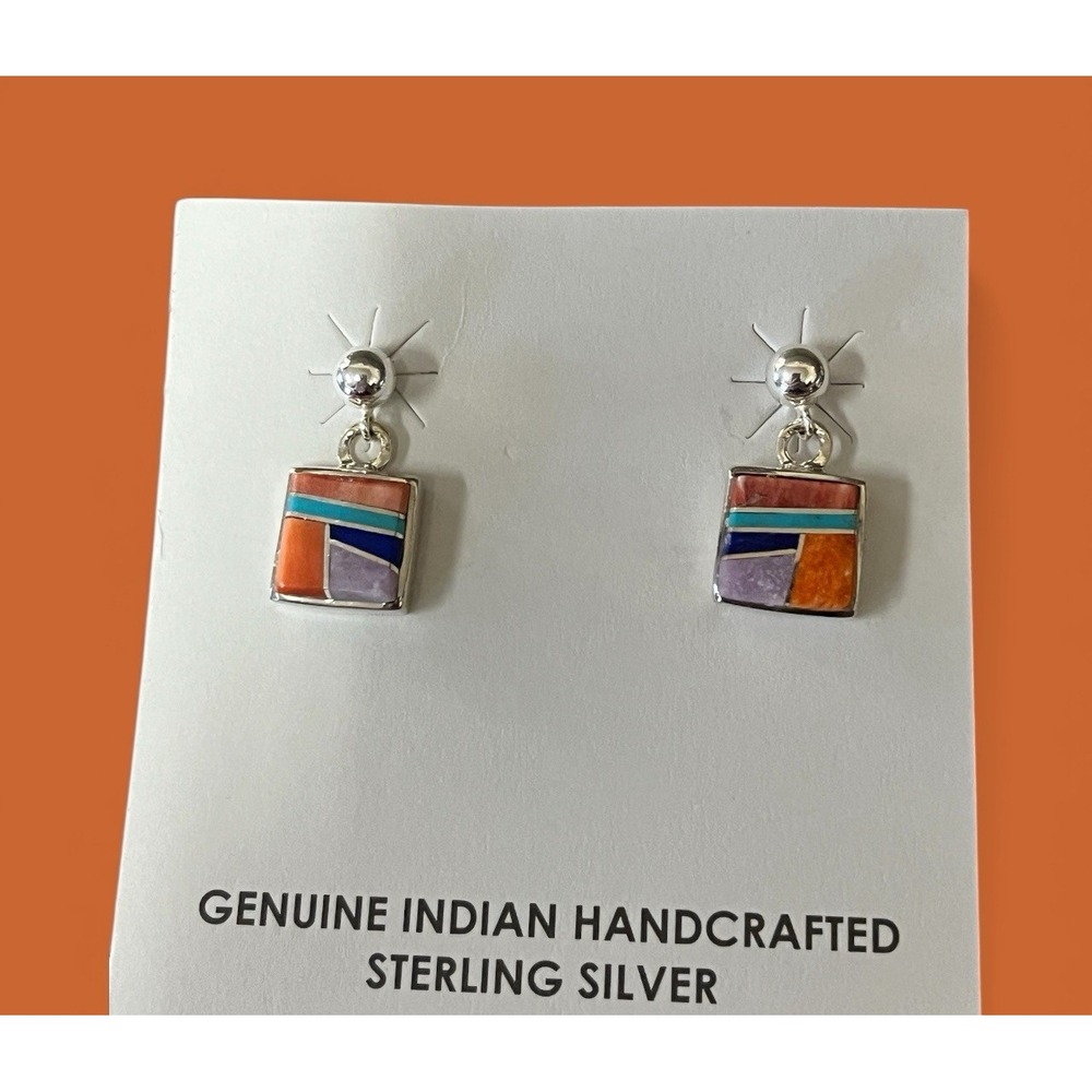 Navajo‎ Native American Aldora Henry Sterling Silver Multi Stone Earrings Dangle